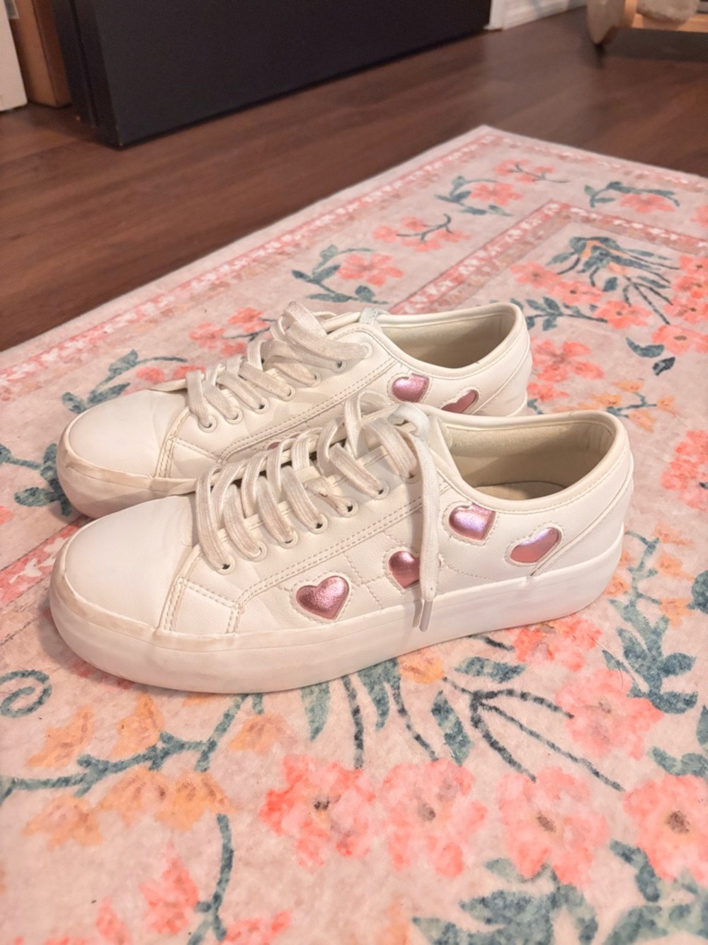 Women's White Sneakers with Pink Heart Accents